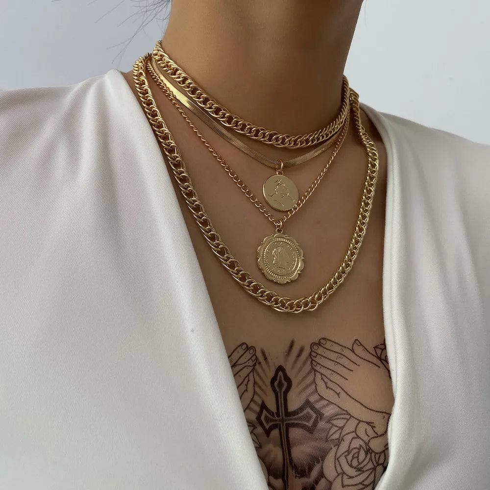 Vonza24 Fusion⢠New Vintage Boho Fashion Multilevel Thick Chain Necklaces For Women with Human Head Coin Pendant Necklace Jewelry