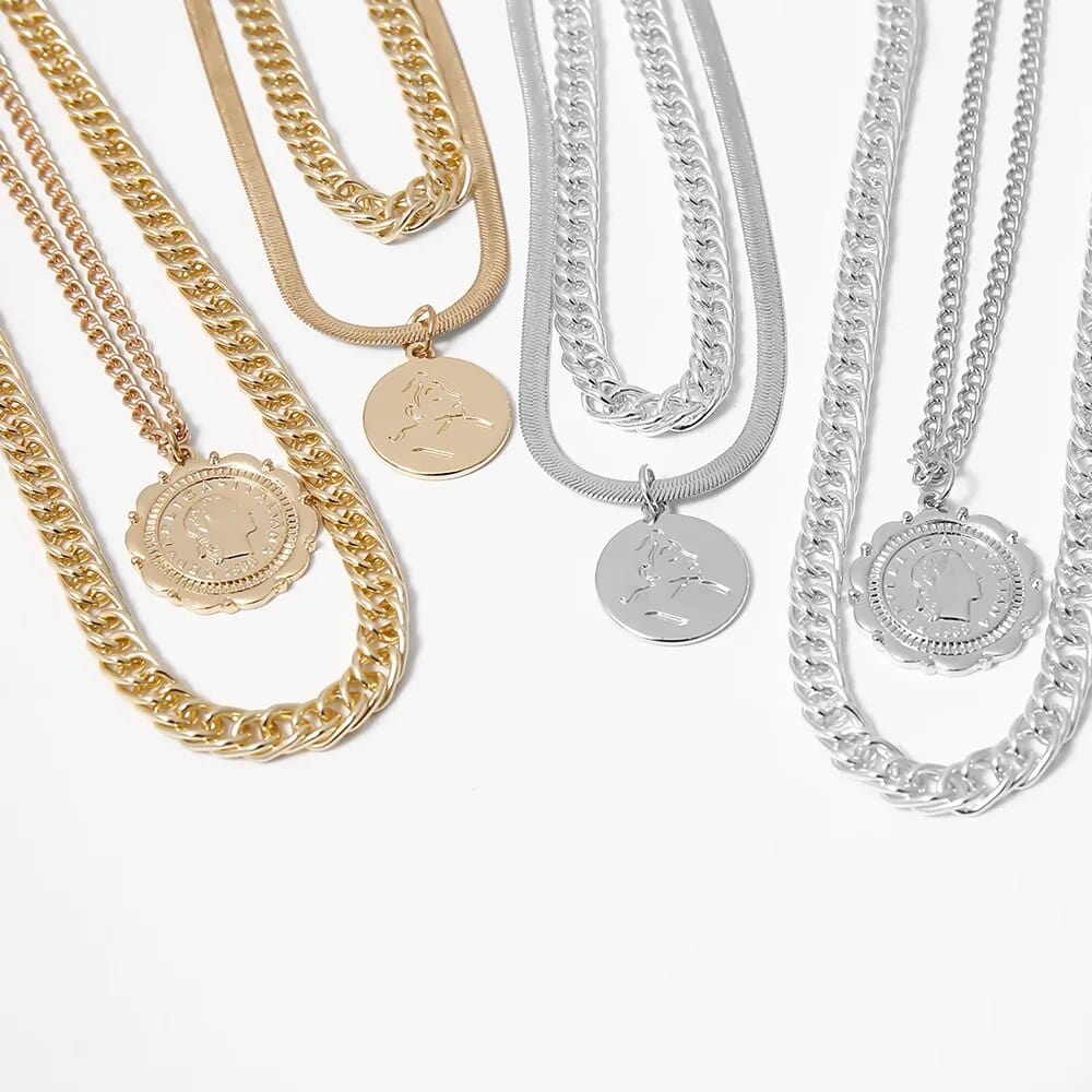 Vonza24 Fusion⢠New Vintage Boho Fashion Multilevel Thick Chain Necklaces For Women with Human Head Coin Pendant Necklace Jewelry