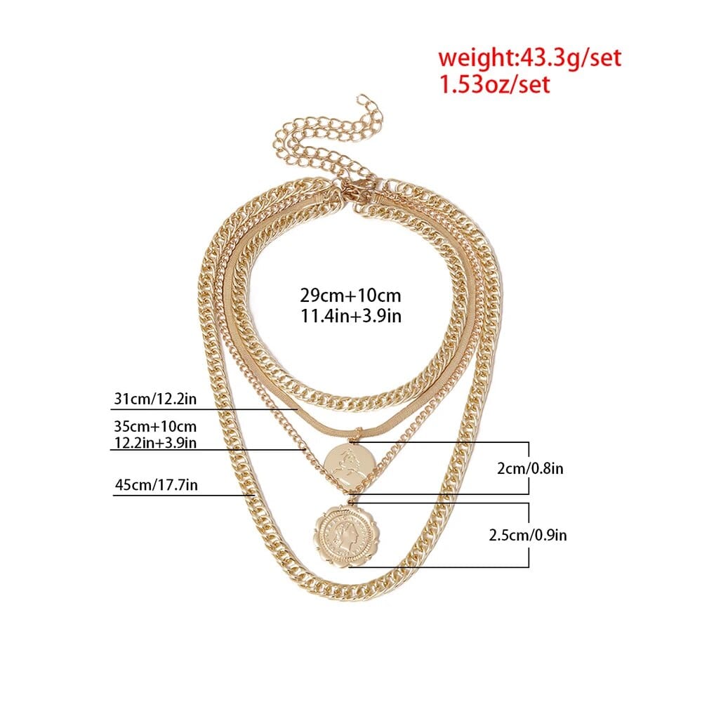 Vonza24 Fusion⢠New Vintage Boho Fashion Multilevel Thick Chain Necklaces For Women with Human Head Coin Pendant Necklace Jewelry