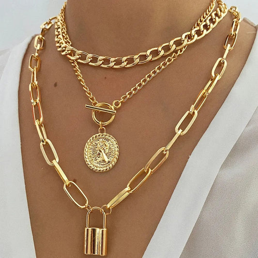 Gold Color Thick Chain Pendant Necklace