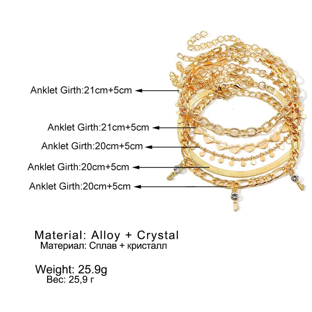 Vonza24 Fusion⢠IFMIA Bohemian Key Charm Anklet Set For Women Love Heart Lock Ankle Bracelet On Leg Foot Chain