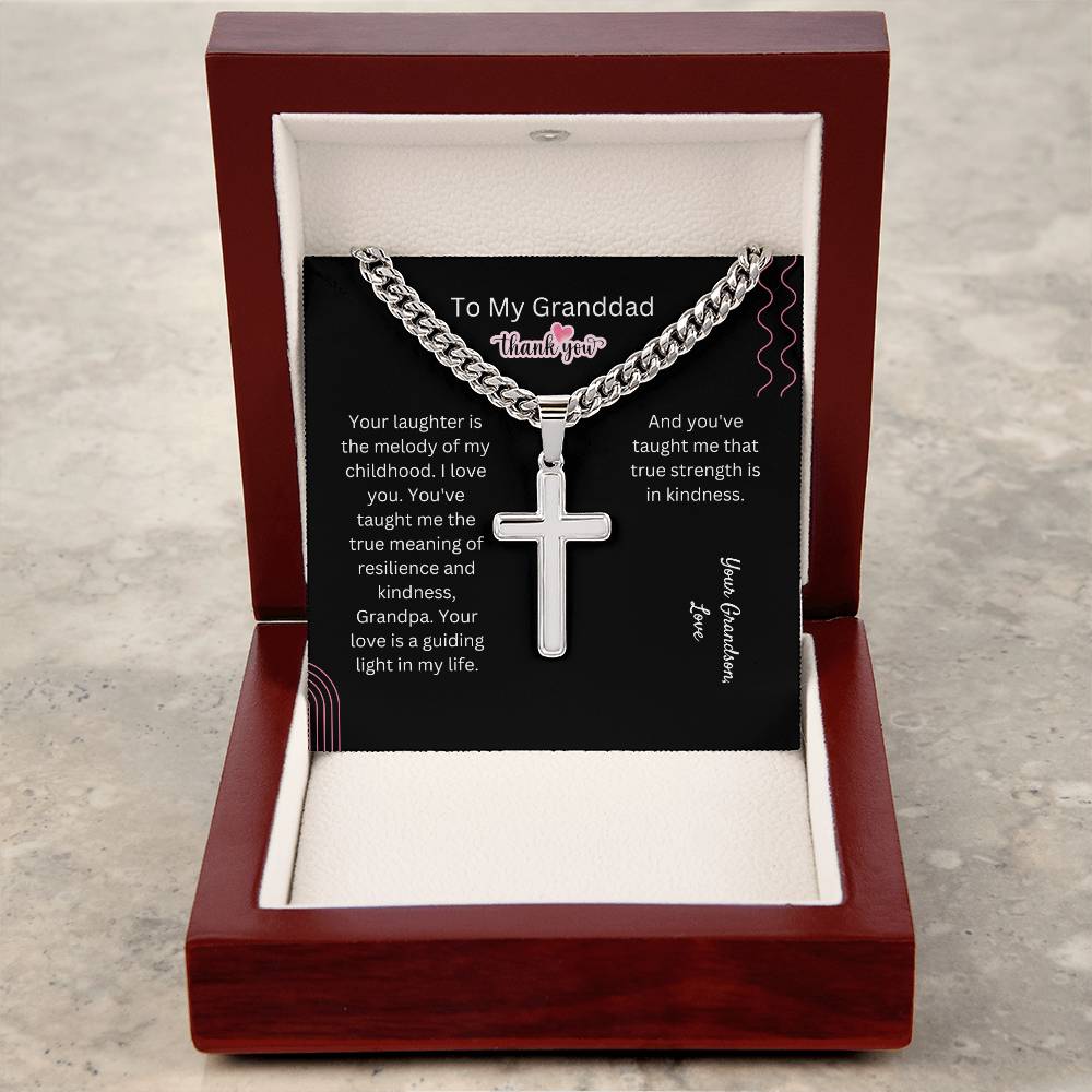 To My Granddad | Cuban Chain with Artisan Cross Necklace | Customized Polished stainless steel
