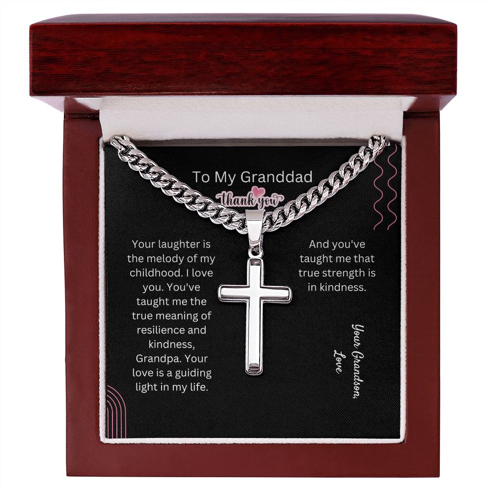 To My Granddad | Cuban Chain with Artisan Cross Necklace | Customized Polished stainless steel