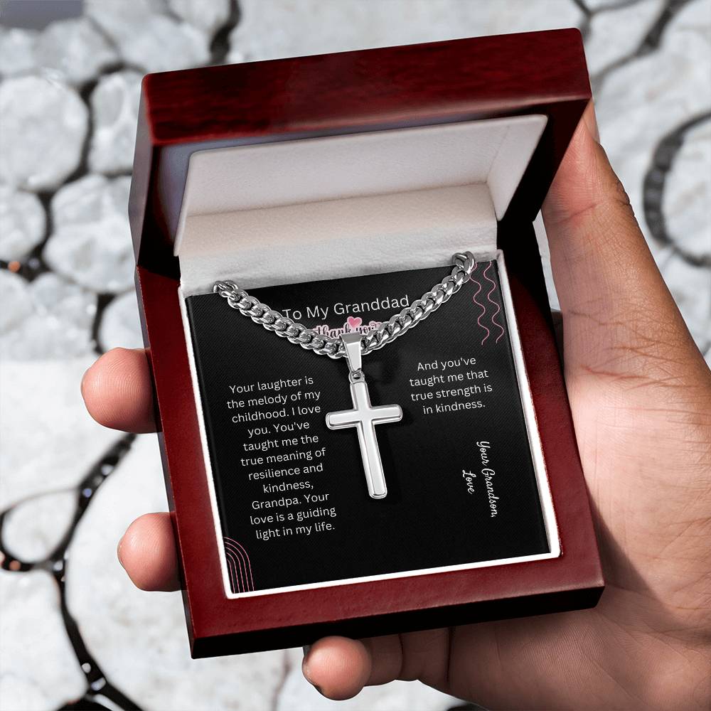 To My Granddad | Cuban Chain with Artisan Cross Necklace | Customized Polished stainless steel