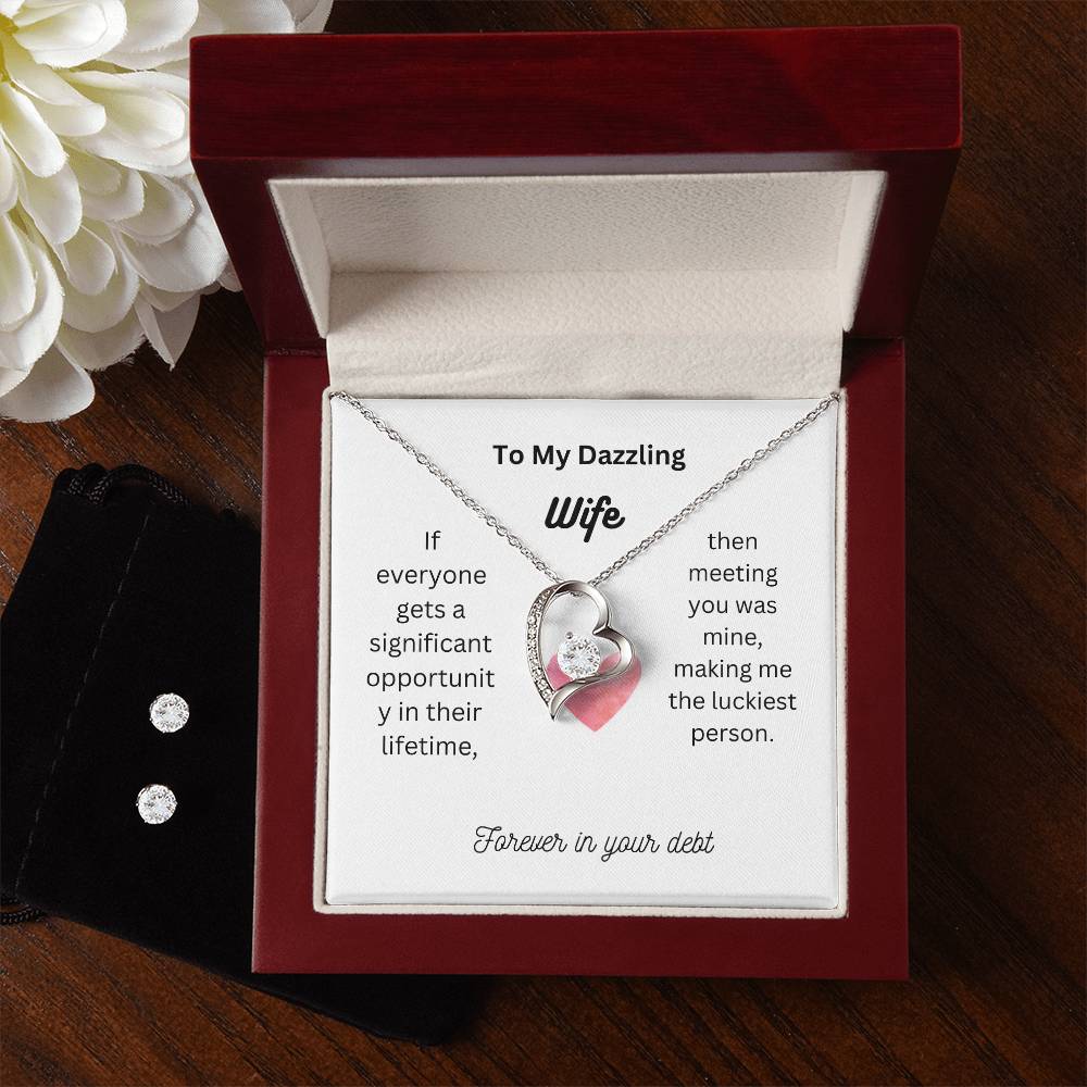 To My Dazzling Wife | White Gold Finish Forever Love Necklace and Cubic Zirconia Earring Set | A Token of My Unwavering Love