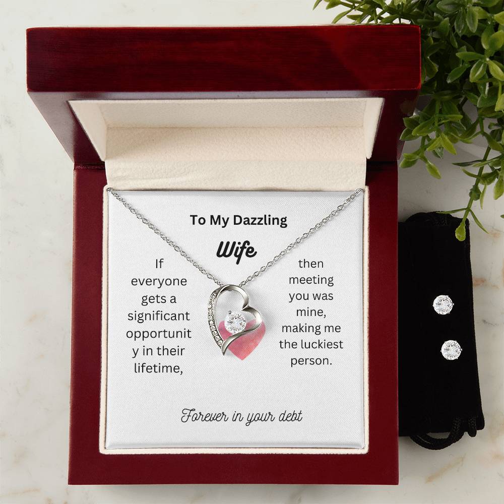 To My Dazzling Wife | White Gold Finish Forever Love Necklace and Cubic Zirconia Earring Set | A Token of My Unwavering Love