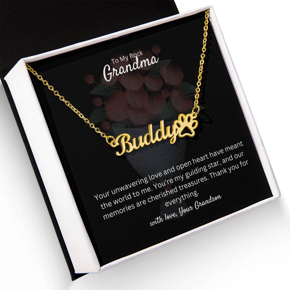 To My Rock Grandma | Paw Print Name Necklace | Stainless Steel and Gold Finish | You're Amazing