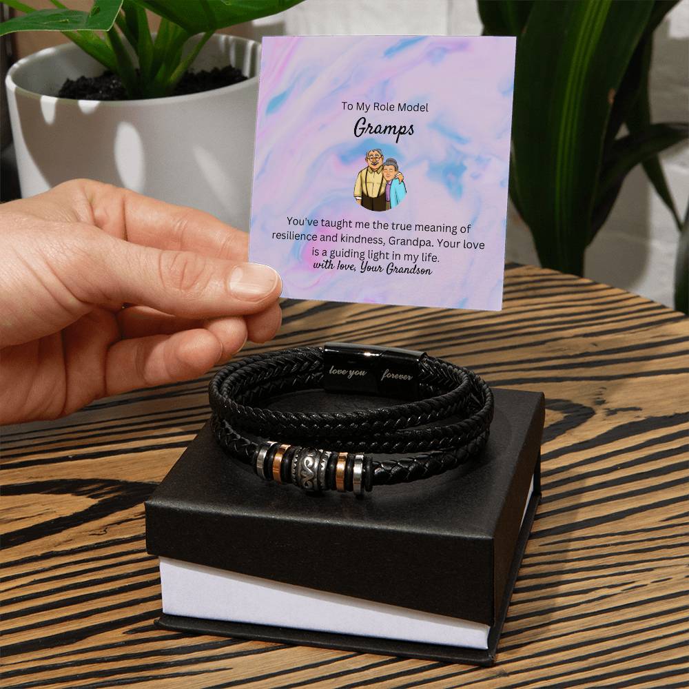 To My Role Model Gramps | Men's "Love You Forever" Bracelet | Stainless Steel with Black Leather Finish