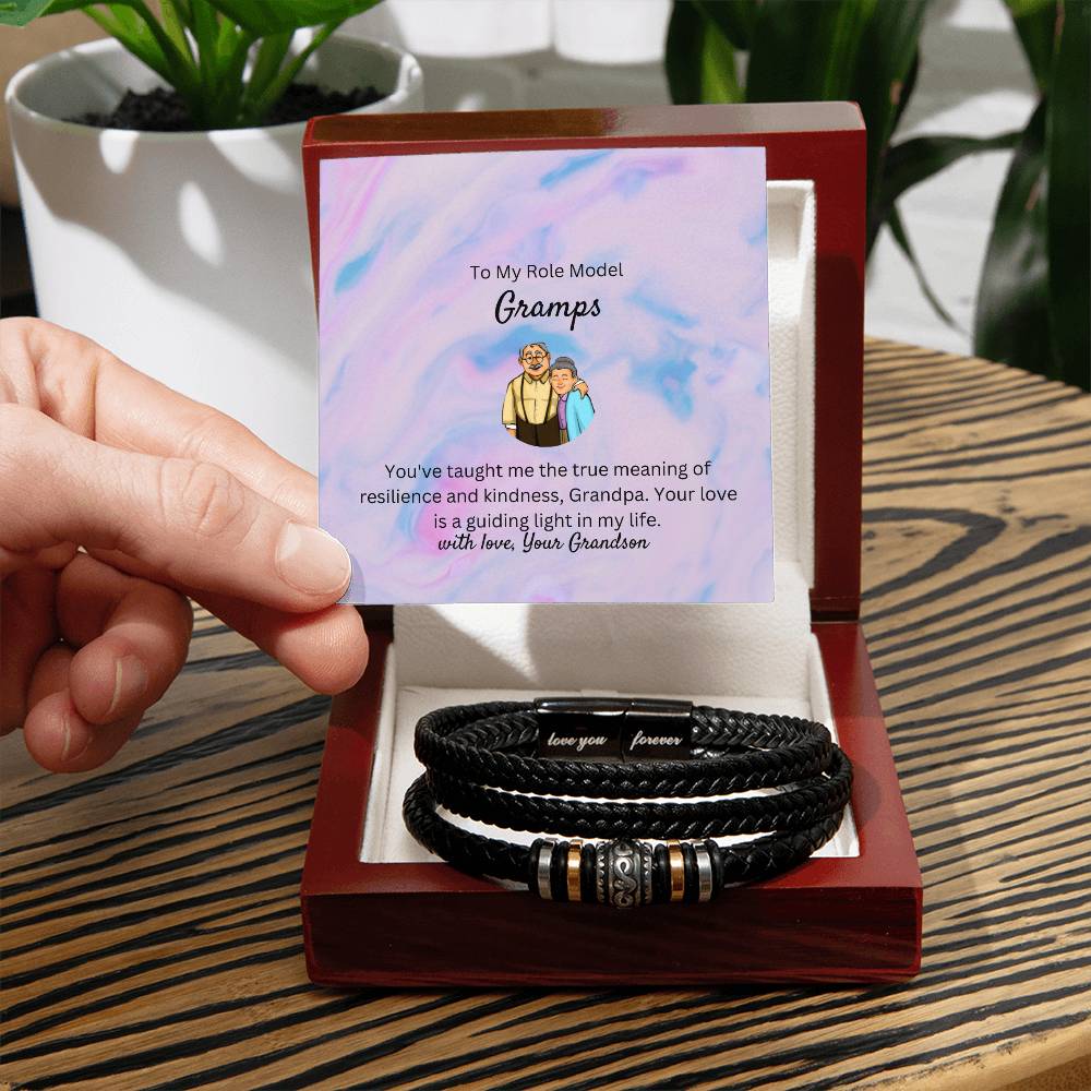 To My Role Model Gramps | Men's "Love You Forever" Bracelet | Stainless Steel with Black Leather Finish