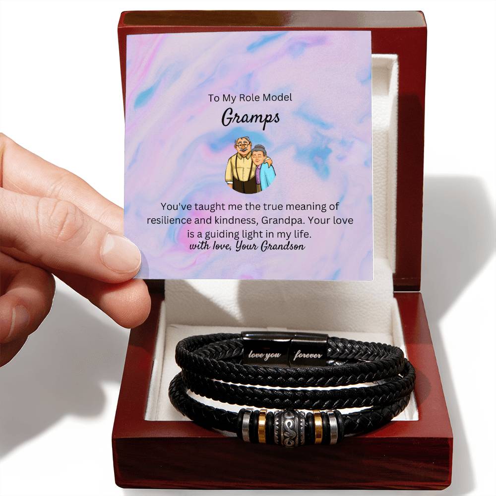 To My Role Model Gramps | Men's "Love You Forever" Bracelet | Stainless Steel with Black Leather Finish