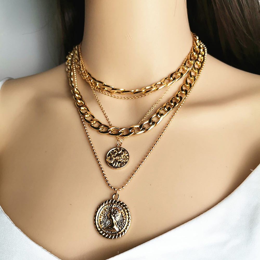 Vonza24 Fusion⢠New Vintage Boho Fashion Multilevel Thick Chain Necklaces For Women with Human Head Coin Pendant Necklace Jewelry