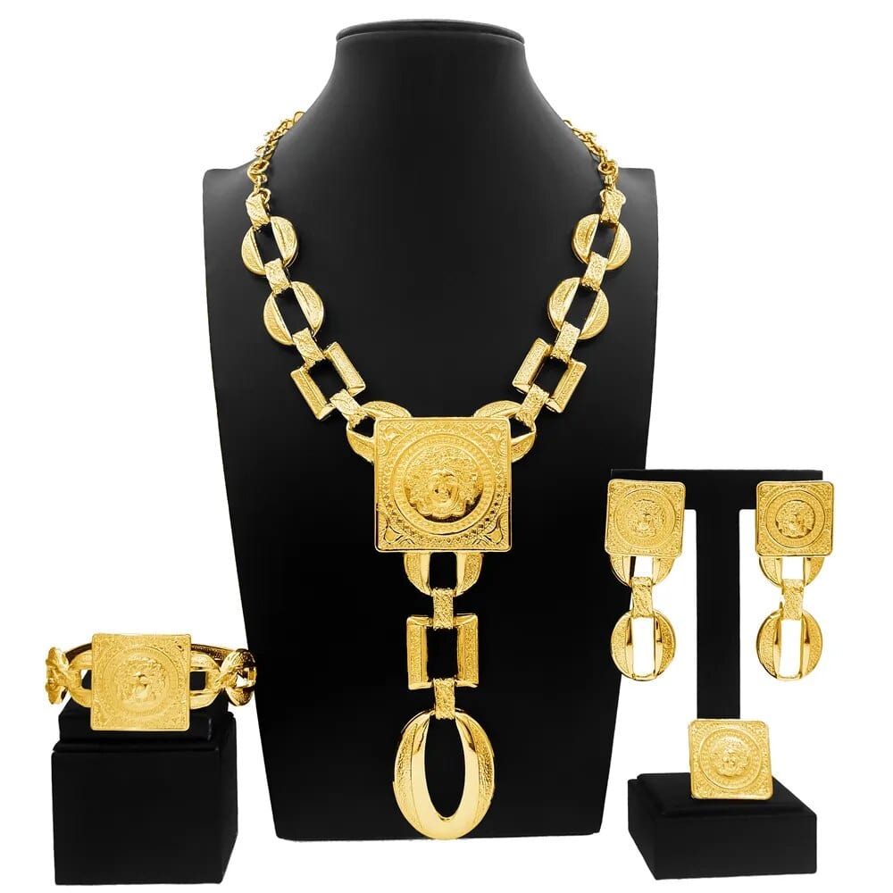 Vonza24 Fusion™ SYHOL Fashion Woman Necklace Jewelry Set Face Shape Chain Pendant Design Big Earring Square Ring Gift