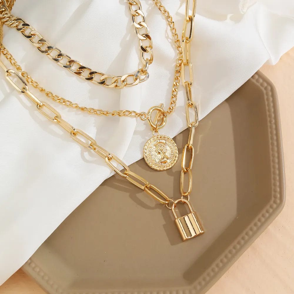 Vonza24 Fusion™ EN Charm Fashion Multilayer Gold Color Thick Chain Lock Pendant Necklace