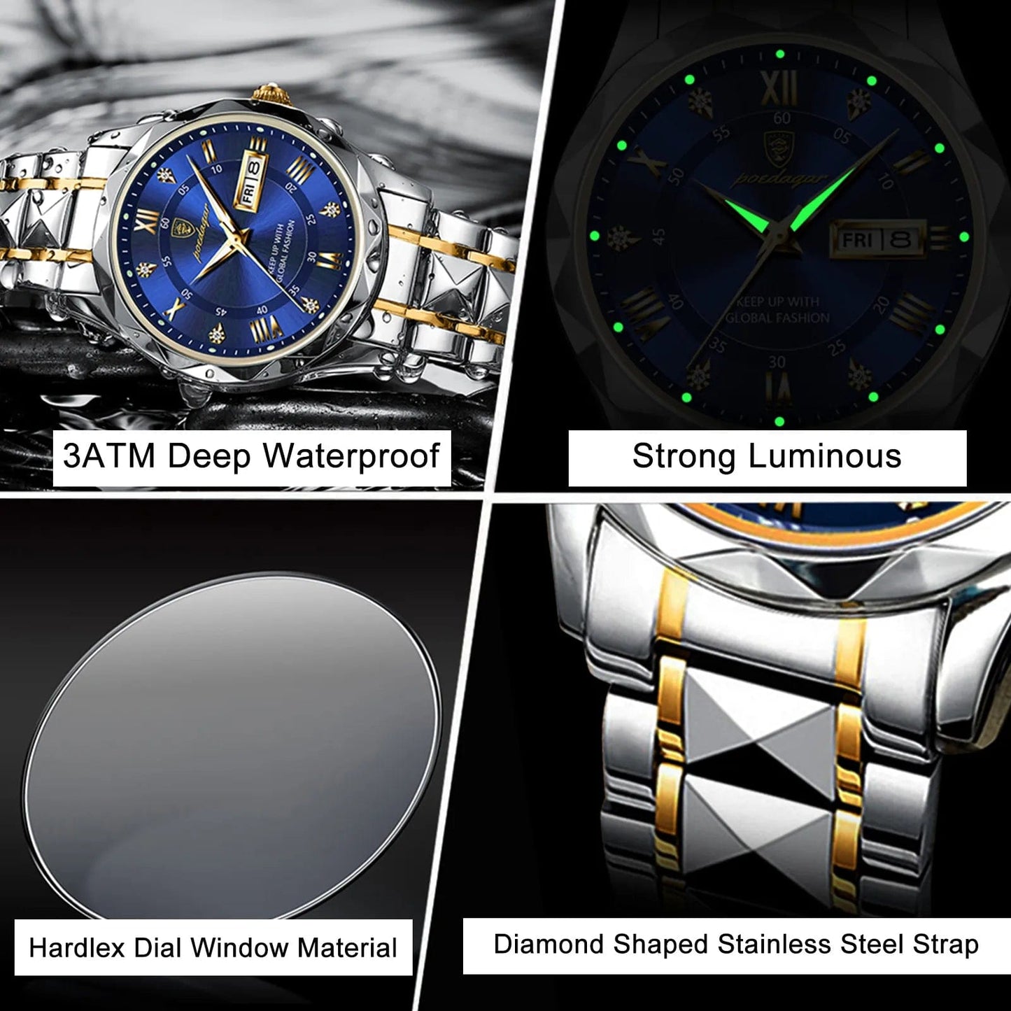 Vonza24 Fusion™ POEDAGAR Top Brand Luxury Man Wristwatch Waterproof Luminous Date Week Men Watches Stainless Steel Quartz Men's Watch