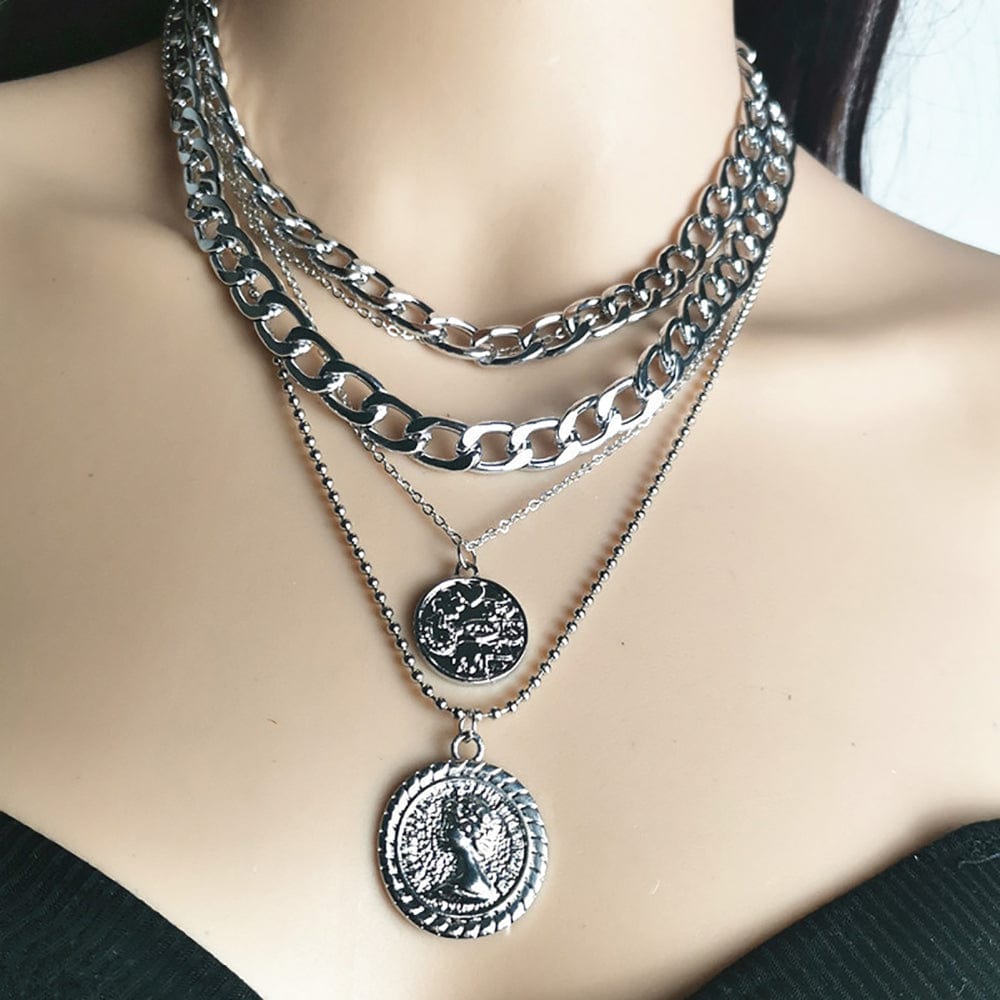 Vonza24 Fusion™ New Vintage Boho Fashion Multilevel Thick Chain Necklaces For Women with Human Head Coin Pendant Necklace Jewelry