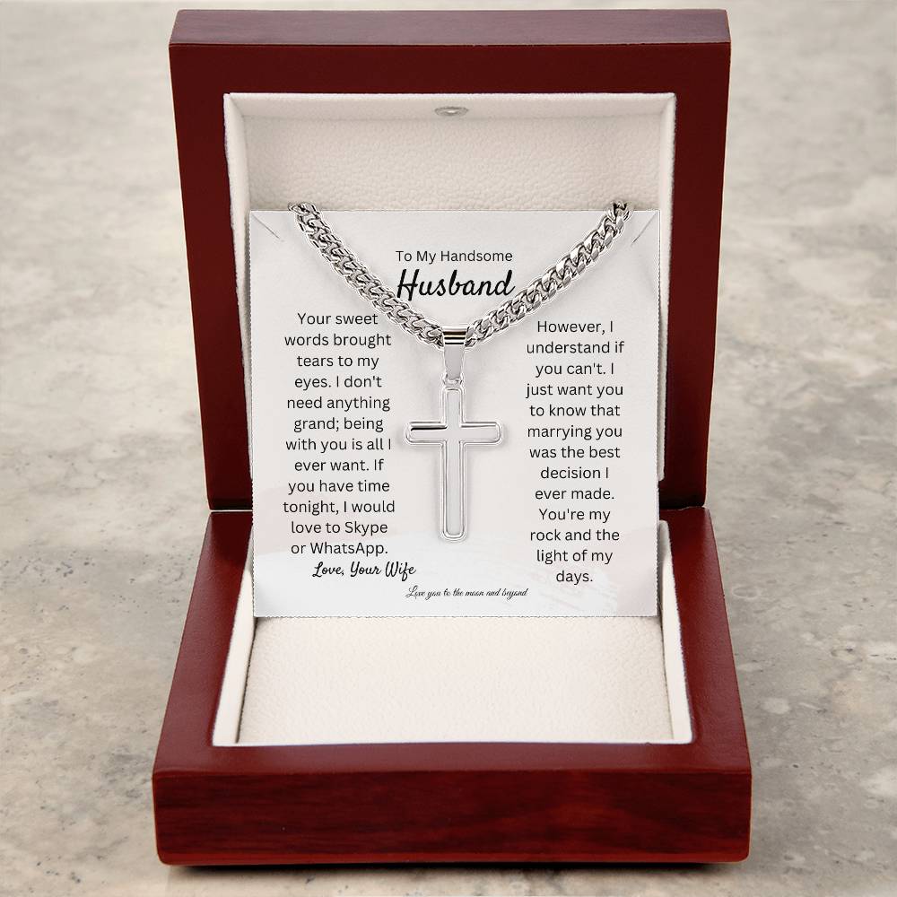 My Handsome Husband | Polished Stainless Steel with Pendant | Personalized Cuban Chain with Artisan Cross Necklace Gift