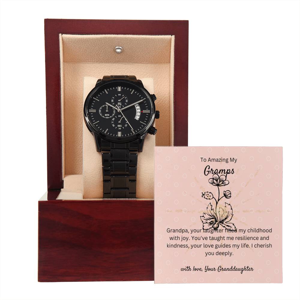To My Dearest Gramps | Black Chronograph Watch | Stainless Steel and Luxury Copper Dial